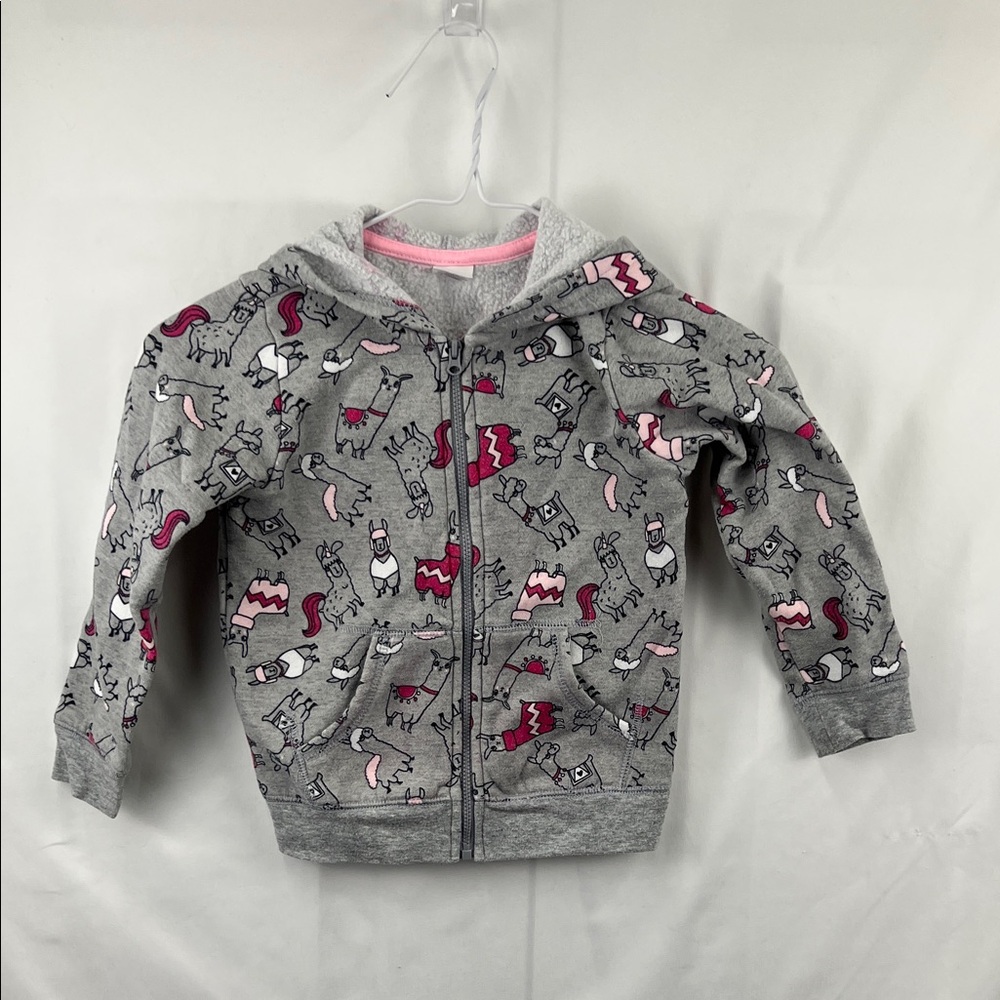 Okie Dokie - Size 4 T - Girl’s Zip Up Hoodie - Llama - Gray and Pink